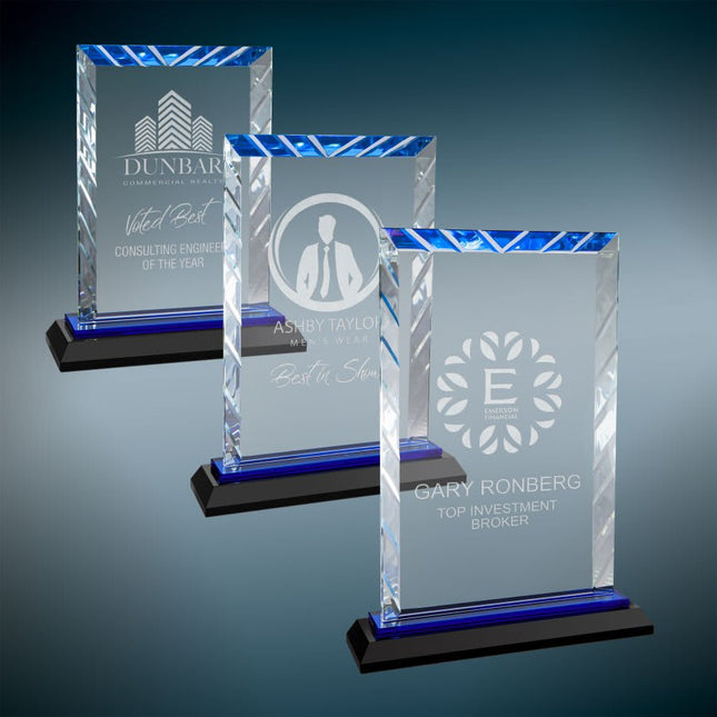 8" Clear Rectangle Accent Glass on Black and Blue Reflective Base