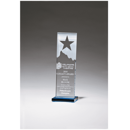 3 1/8" x 9 1/4" Etched Clear Glass Award with Star and Mountain Peak on Blue Glass Base